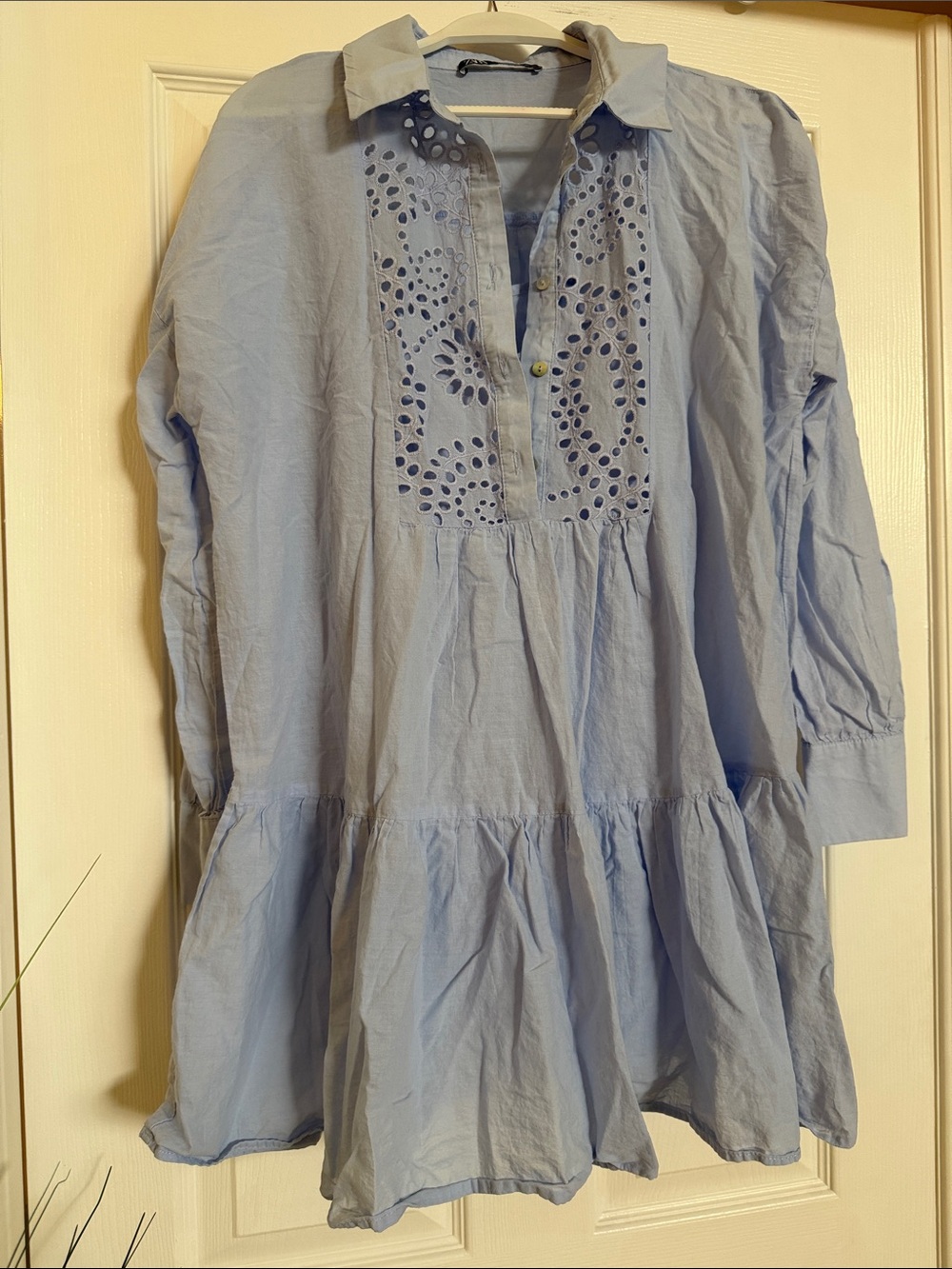 Zara Light Blue Long Sleeve Eyelet Shirt Dress - Picture 3 of 4